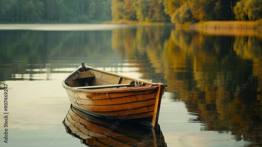 A small wooden rowboat on a calm lake with reflections of surrounding trees. A small wooden rowboat on a calm lake with reflections of surrounding trees.