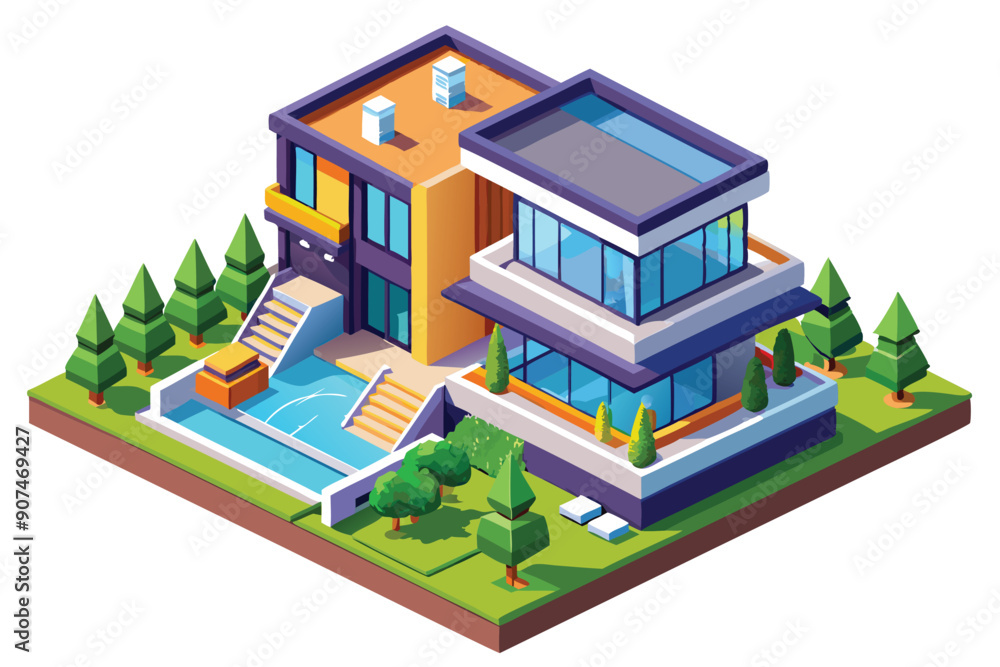 Isometric View of a Modern House with a Swimming Pool and Landscaping Isometric View of a Modern House with a Swimming Pool and Landscaping