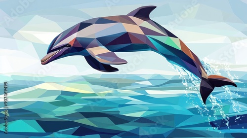 Majestic Geometric Dolphin Leaping from Vibrant Ocean Waters Web Design Banner. photo