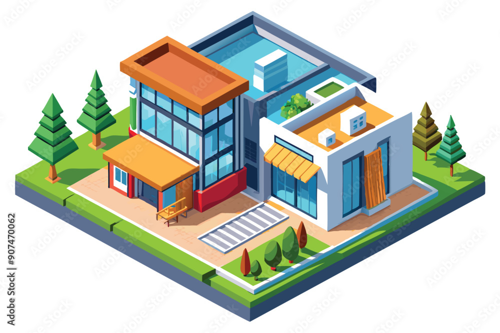 Isometric View of a Modern House with a Pool and Lush Landscaping Isometric View of a Modern House with a Pool and Lush Landscaping