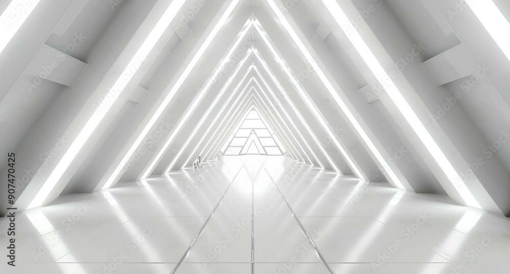 white futuristic background with long corridor and glowing lights in the form of triangle on white wall. Abstract sci-fi interior design for presentation, banner or cover. Space station concept white futuristic background with long corridor and glowing lights in the form of triangle on white wall. Abstract sci-fi interior design for presentation, banner or cover. Space station concept