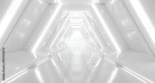 Fototapeta Naklejka Na Ścianę i Meble -  white futuristic background with long corridor and glowing lights in the form of triangle on white wall. Abstract sci-fi interior design for presentation, banner or cover. Space station concept 