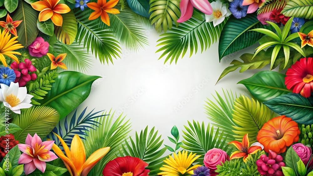 Vibrant Tropical Flower Banner with Lush Green Leaves Generative AI Vibrant Tropical Flower Banner with Lush Green Leaves Generative AI