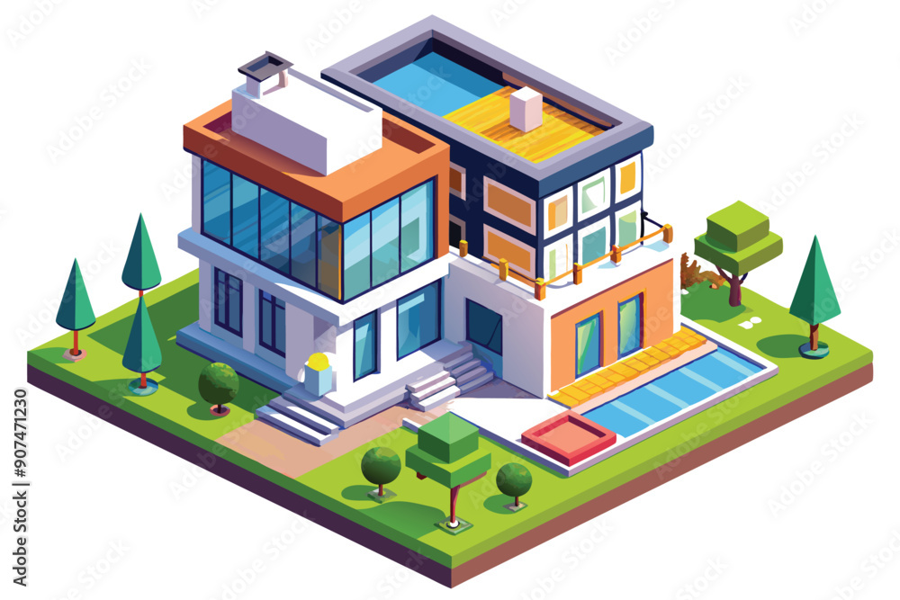 Isometric Illustration of a Modern House with a Pool and Landscaping Isometric Illustration of a Modern House with a Pool and Landscaping