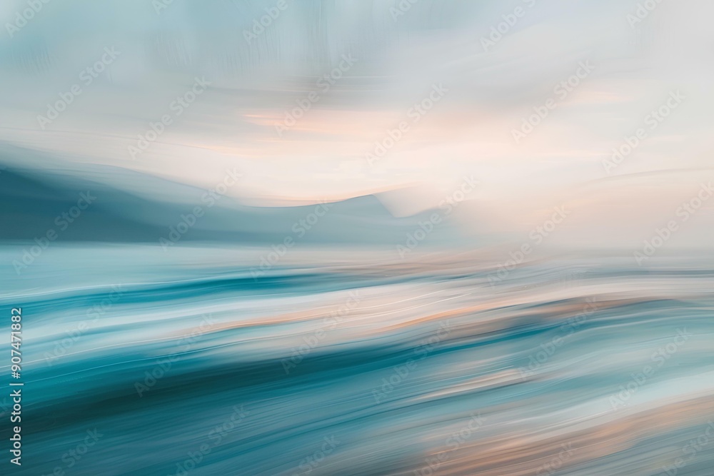 Obraz premium Abstract blurred background with lines of blue, green and white colors, creating an impressionistic effect. perfect for conveying tranquility in design or text message