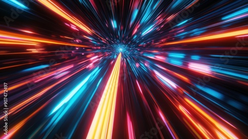 Futuristic Jet Speeding Through Cyberpunk City at Mach Speed - Vibrant Neon 3D Rendering