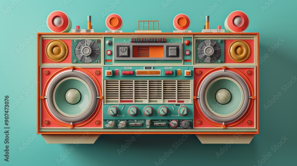 Fototapeta premium Vintage cassette player with radio, retro design, analog control panel, nostalgic audio equipment