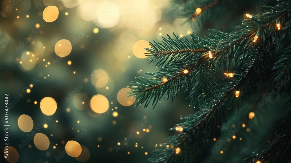 Christmas Tree Branch with Lights and Bokeh Christmas Tree Branch with Lights and Bokeh