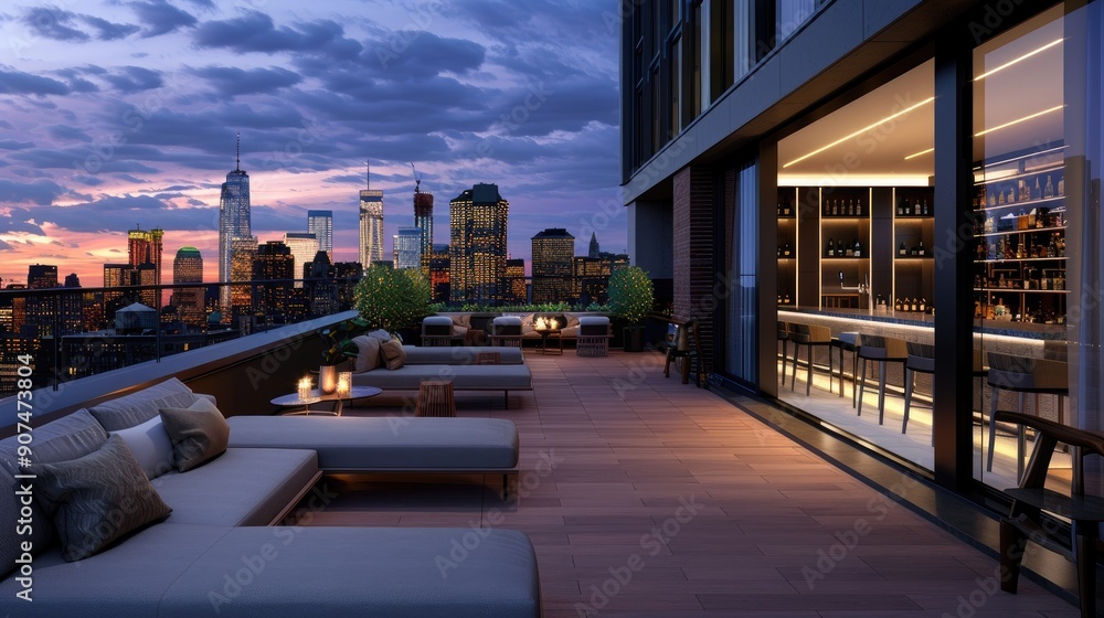 Obraz premium A modern terrace lounge with a stylish bar area, comfortable daybeds, and a stunning view of a vibrant city skyline at dusk.