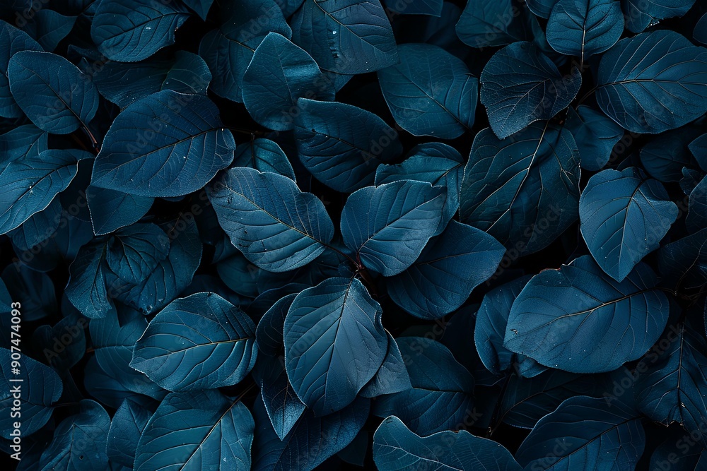 Dark blue leaves background, top view. Dark green and dark navy colors. Flat lay. Abstract nature concept. Wall art print poster with close up of dark leafs in autumn season. Dark blue leaves background, top view. Dark green and dark navy colors. Flat lay. Abstract nature concept. Wall art print poster with close up of dark leafs in autumn season.