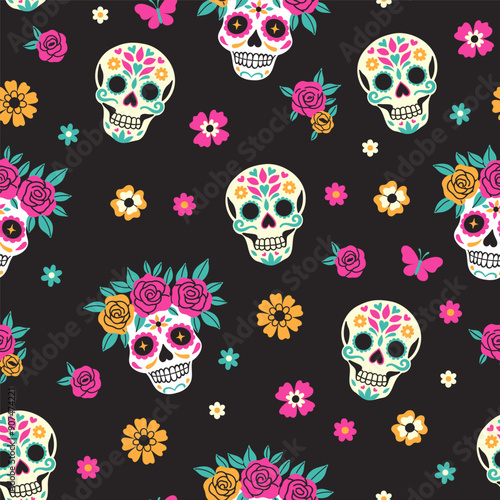 Seamless pattern with sugar skulls in flower wreaths. Vector graphics
