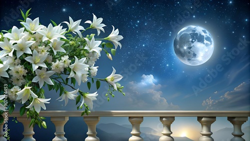 Moonlight Sonata: A Symphony of White Blooms and Velvet Night  Generative AI photo