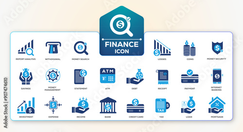 Finance icon collection. cash, saving, financial goal, budget, money search, bank, investment icons. Solid icon set. EPS