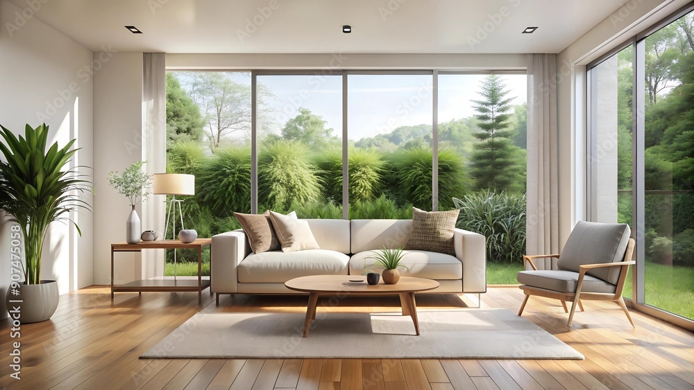 Fototapeta premium A Minimalist Retreat: A Serene White and Wood Living Room Generative AI