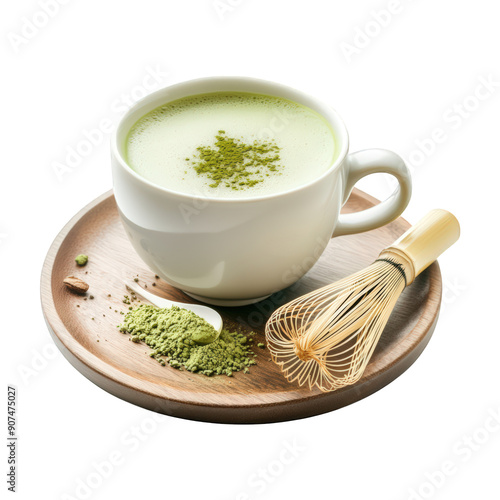 Cup Of Matcha Tea With Floating Matcha Powder And Whisk On Transparent Png Background For Healthy Beverage Advertisements . Generative ai