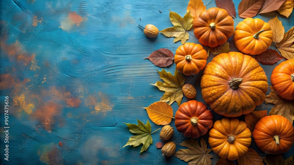 A Symphony of Autumn Hues: A Heap of Pumpkins and Leaves on a Blue Canvas Generative AI A Symphony of Autumn Hues: A Heap of Pumpkins and Leaves on a Blue Canvas Generative AI