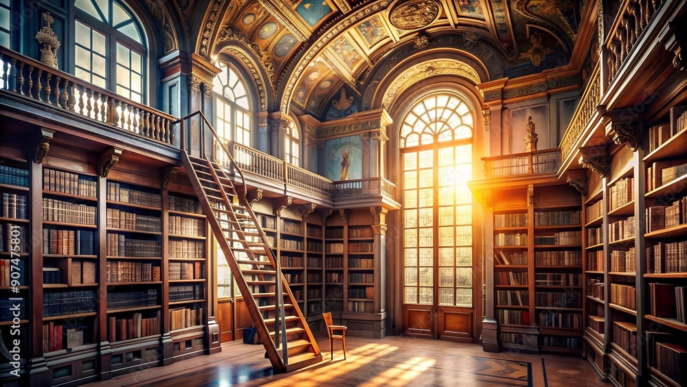 A Symphony of Knowledge: A Traditional Library with Floor-to-Ceiling Bookshelves and a Ladder in a Historic Manor AI Generated A Symphony of Knowledge: A Traditional Library with Floor-to-Ceiling Bookshelves and a Ladder in a Historic Manor AI Generated
