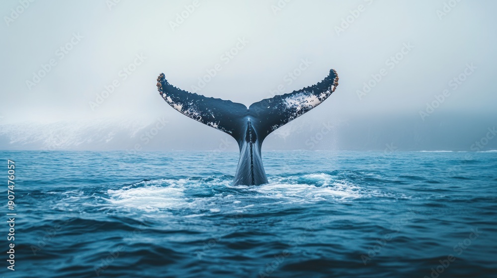 Fototapeta premium A Humpback Whale Tail Breaks the Surface of the Water