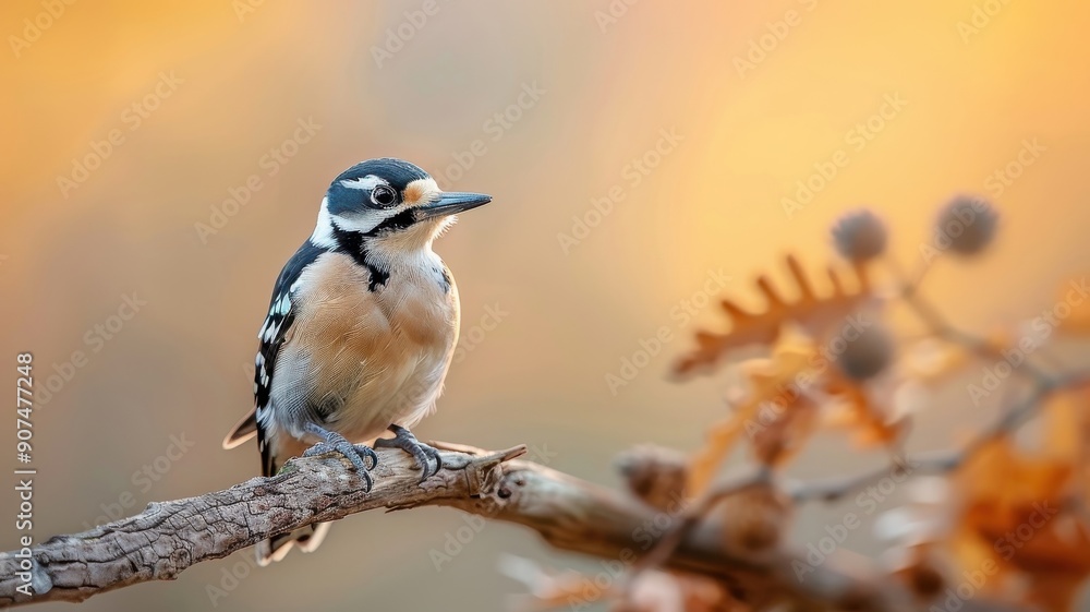 Obraz premium A woodpecker takes flight from a moss-covered log, the forest floor vibrant with color.