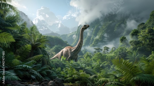 A Brachiosaurus rests under the shade of giant ferns, its colossal body partially hidden among the foliage.