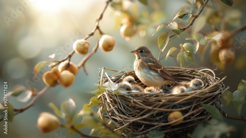 A mother bird feeds her hungry chicks in a nest.