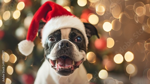 Festive Christmas Boston Terrier Wearing Santa Hat with Holiday Lights Background - Perfect for Seasonal Decor, Cards, and Posters photo