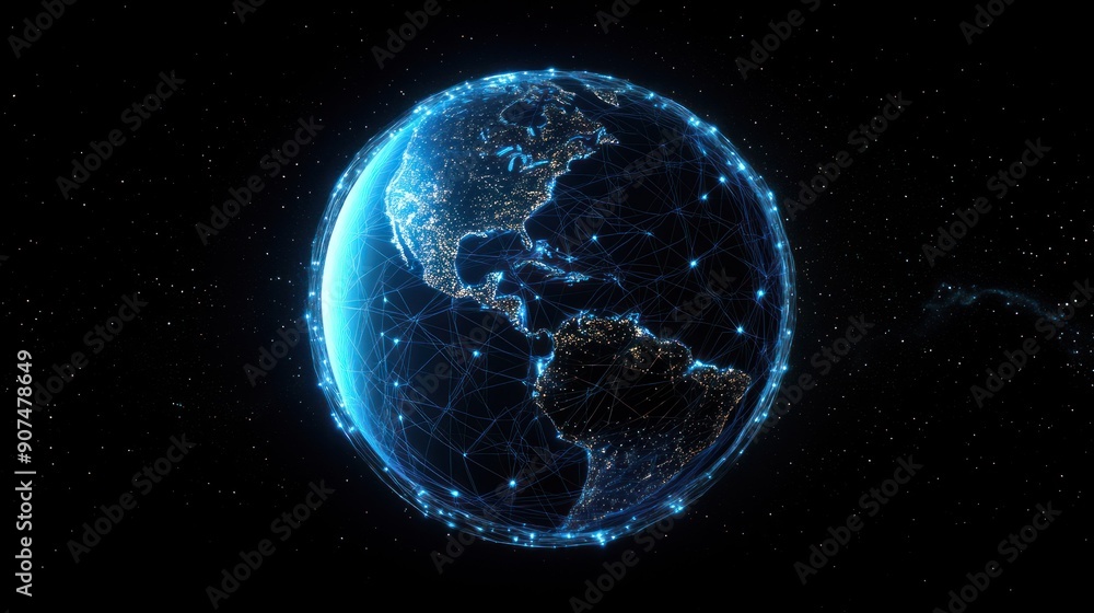 A Networked Earth Globe with City Lights and Stars A Networked Earth Globe with City Lights and Stars