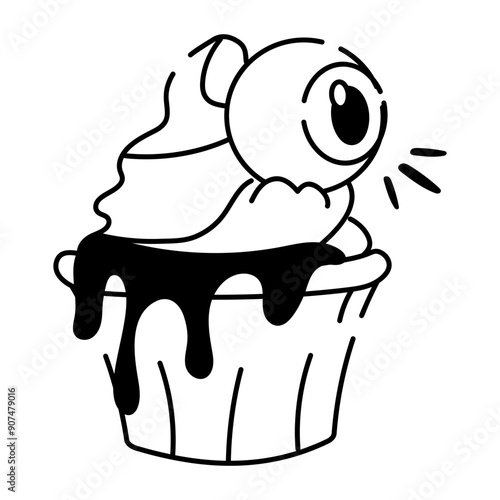 A doodle style icon of spooky cupcake 