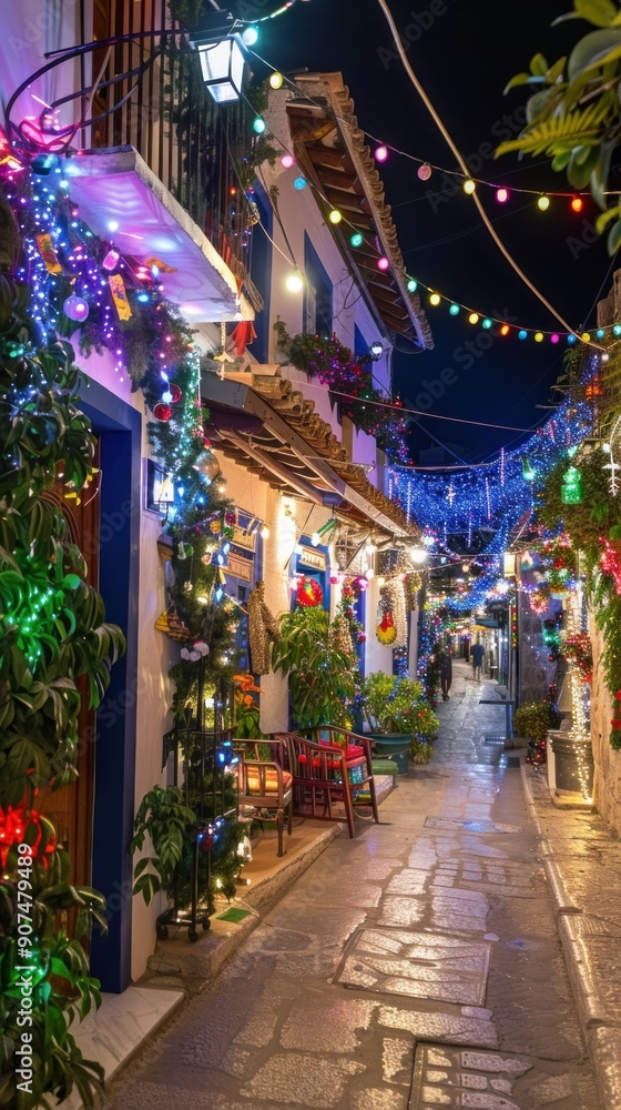 Fototapeta premium Festive alleyway at night with twinkling lights.