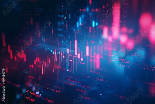 Financial Stock graph chart blue and purple light. Analyze stock market finance volume of stock market with Graph and chart holograph technology.