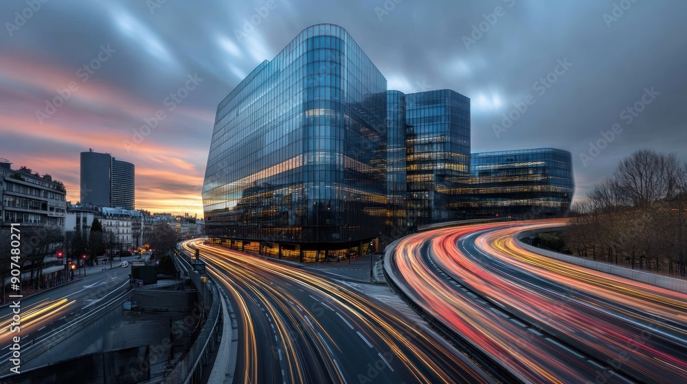 Modern Glass Building with Light Trails on a Busy Highway at Dusk Modern Glass Building with Light Trails on a Busy Highway at Dusk