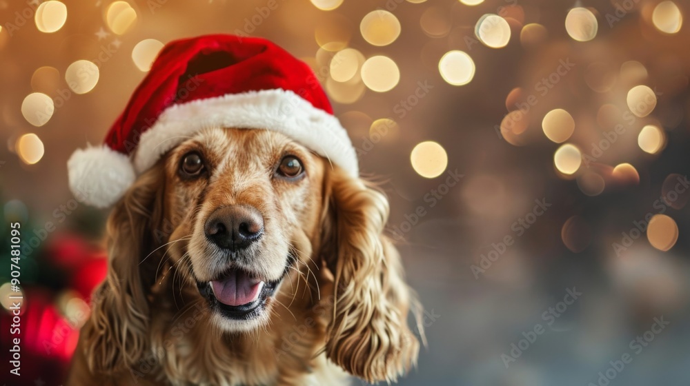 Adorable Cocker Spaniel Wearing Santa Hat for Christmas Celebration Holiday Card or Poster Design Adorable Cocker Spaniel Wearing Santa Hat for Christmas Celebration Holiday Card or Poster Design