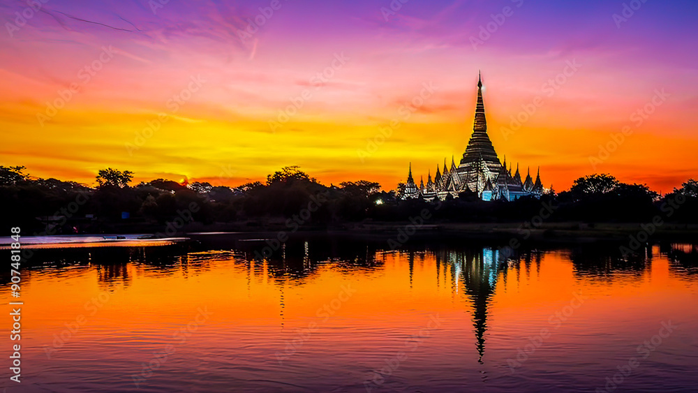 Created using generative AI tools,Nong Waeng Temple, Luang Temple, 9-Story Chedi Temple, Sunset Khon Kaen Province, Thailand, Asia Created using generative AI tools,Nong Waeng Temple, Luang Temple, 9-Story Chedi Temple, Sunset Khon Kaen Province, Thailand, Asia