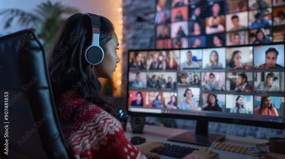 Obraz premium Remote team leader engaging in video call with colleagues, providing solutions and guidance while working from home, highlighting digital communication skills and e-learning in a virtual meeting