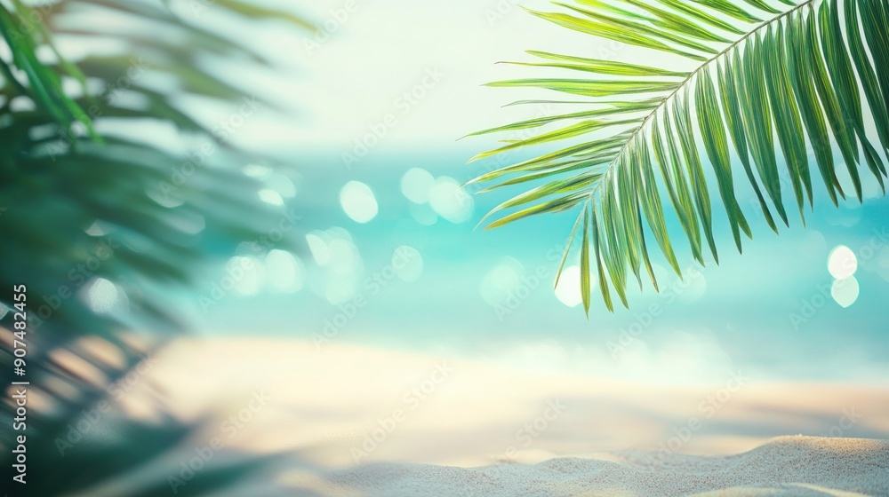 Palm Fronds Overlooking Sandy Beach With Blurry Ocean Background Palm Fronds Overlooking Sandy Beach With Blurry Ocean Background