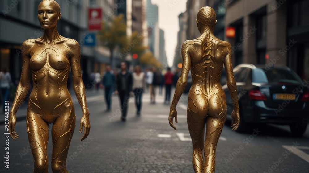 Not a human beign, Nephilim with golden skin or golden tight clothes, walks along the street Not a human beign, Nephilim with golden skin or golden tight clothes, walks along the street