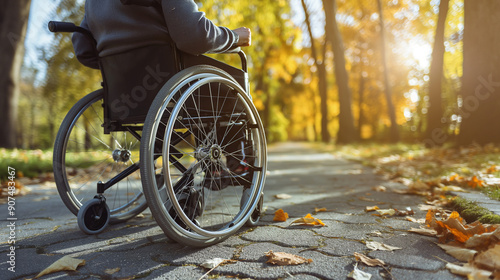 A person in a wheelchair is sitting on a sidewalk in a park