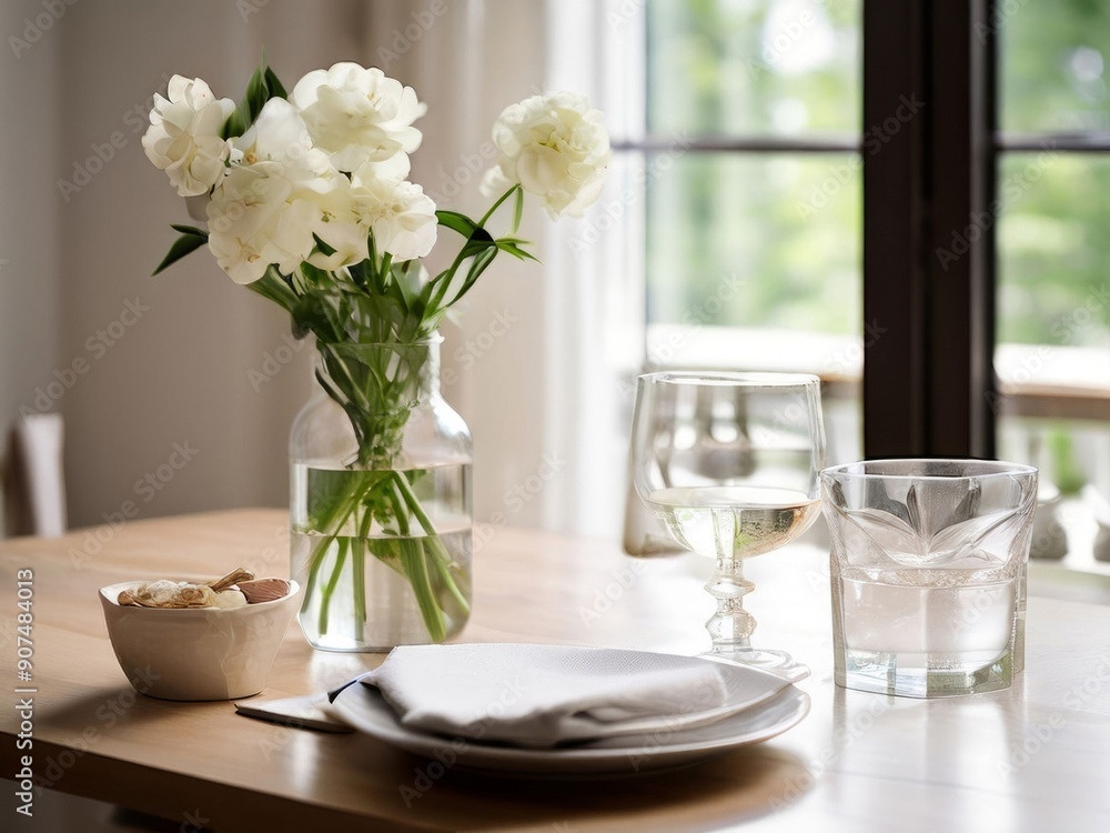 Dining table with a vase of white flowers and a glass of drink. AI generation. Dining table with a vase of white flowers and a glass of drink. AI generation.