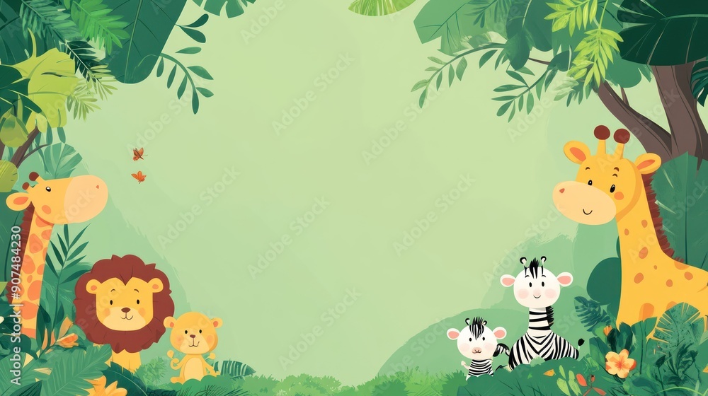 Naklejka premium Cute Jungle Animals with Green Foliage and a Blank Space