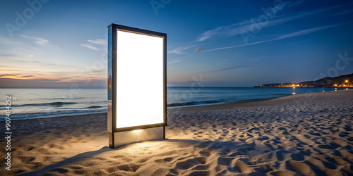 Sleek, minimalist advertising display on a pristine beach, perfect for coastal branding and design mockups