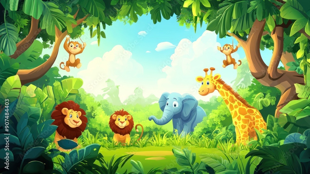 Cartoon animals in a lush green jungle scene Cartoon animals in a lush green jungle scene
