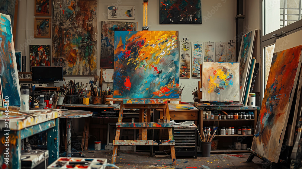 Creative Workspace: Artist's Studio Filled with Paintings Creative Workspace: Artist's Studio Filled with Paintings