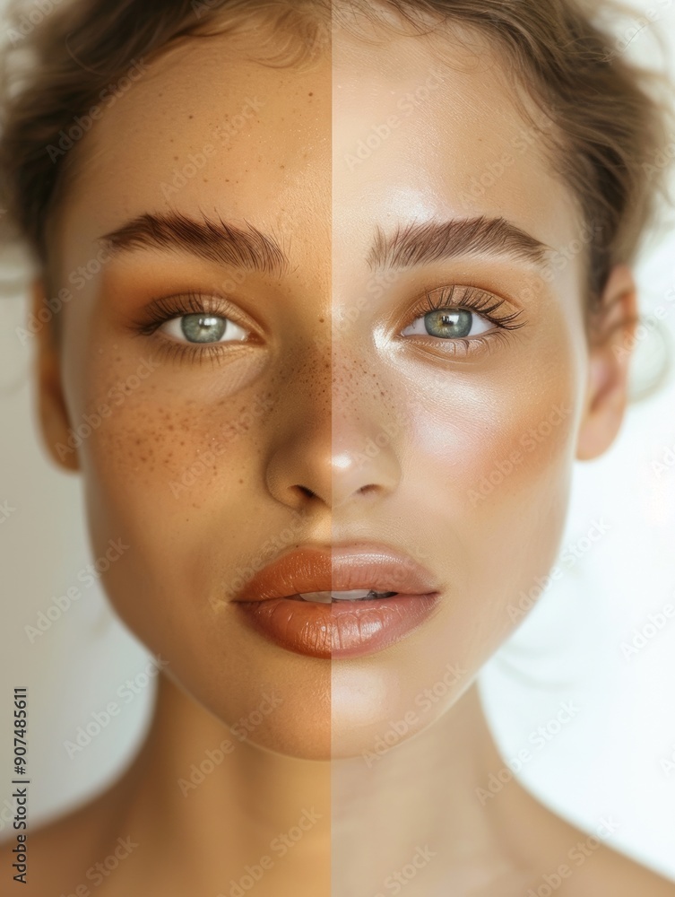 Split screen portrait of a young woman with different skin types and makeup Split screen portrait of a young woman with different skin types and makeup