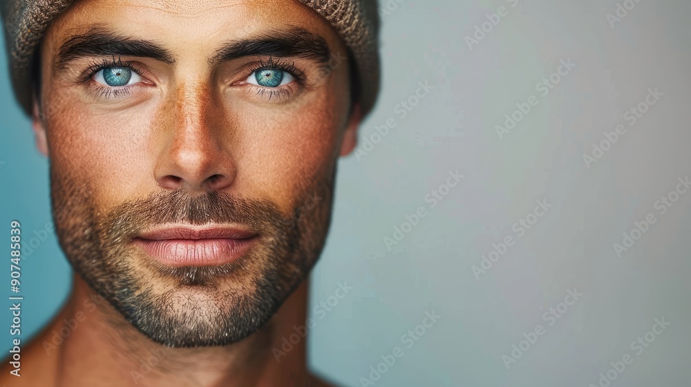 Obraz premium A man with a beard and blue eyes is wearing a hat