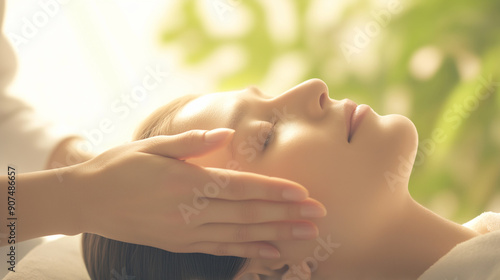 A of the hands performing a facial massage, with the client’s face being gently touched, showcasing professional technique