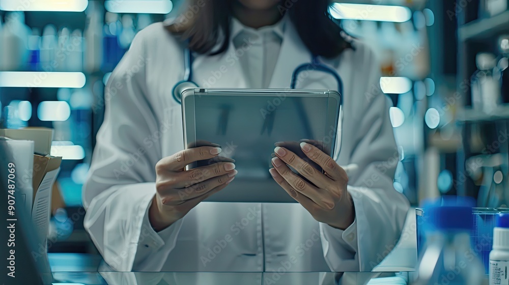 A woman in a white lab coat is holding a tablet in her hand A woman in a white lab coat is holding a tablet in her hand