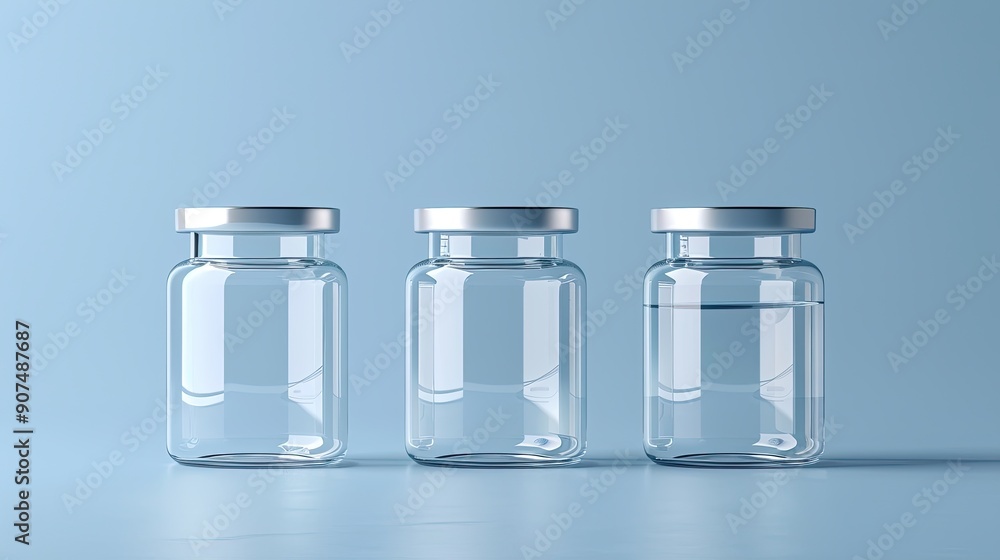 Three clear glass jars are lined up on a blue background Three clear glass jars are lined up on a blue background