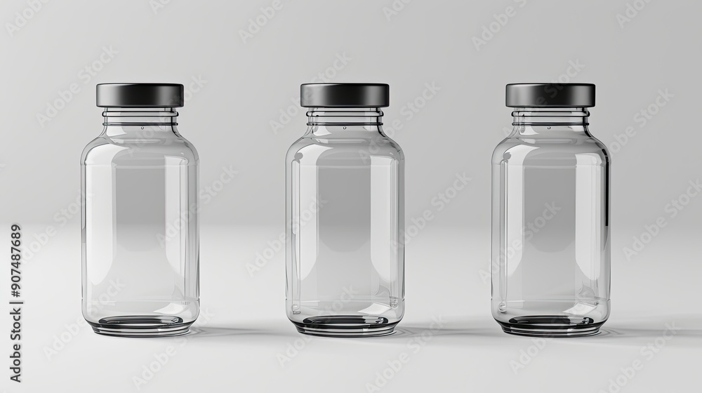 Three clear glass bottles are lined up on a white background Three clear glass bottles are lined up on a white background