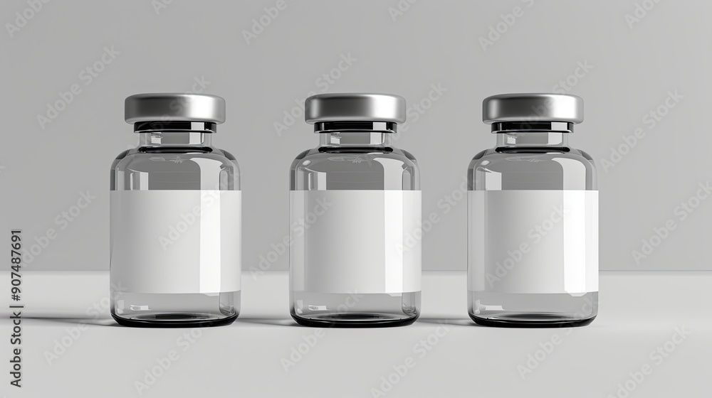 Three glass bottles with white labels sit on a table Three glass bottles with white labels sit on a table