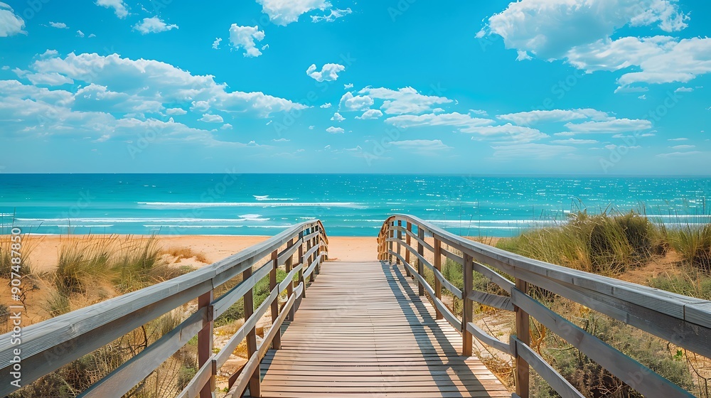 Obraz premium Wooden path to the sandy beach. The turquoise ocean is in the background with clear blue sky and white clouds. The pathway is a great escape from a busy life, relax, and enjoy the beautiful view.
